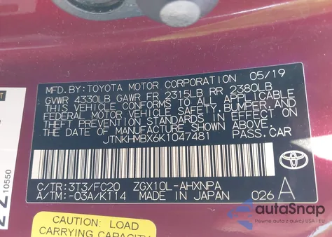 2019 Toyota C-Hr Le z USA, uszkodzony, nr VIN JTNKHMBX6K1047481